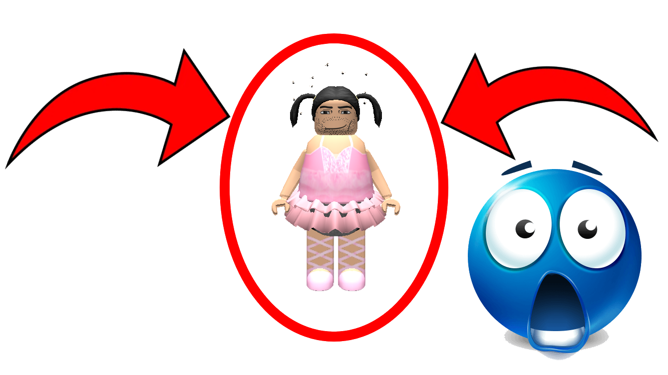 Image of gilbert's roblox avatar which is a fat hairy ballerina with a pink outfit, hair in pigtails, all with a red clickbait circle with red arrows, and a blue shocked emoji on the right side of the image